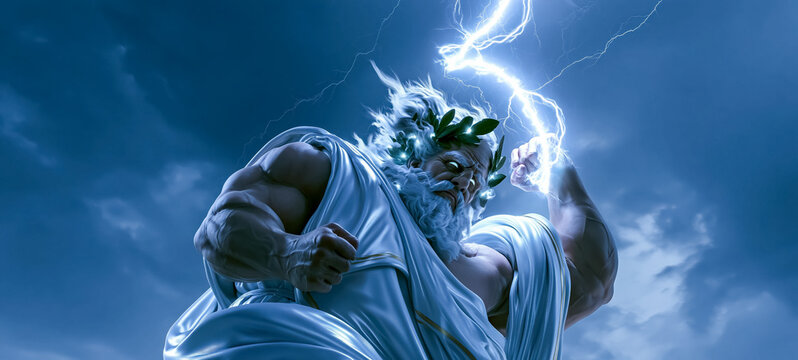 Majestic Zeus wields lightning with divine power as the legendary king of the Greek gods in an epic mythology illustration.