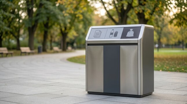 Modern outdoor recycling bin in park with benches and trees.