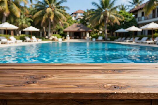 Empty wood table top with blur outdoor swimming pool in tropical resort hotel summer background
