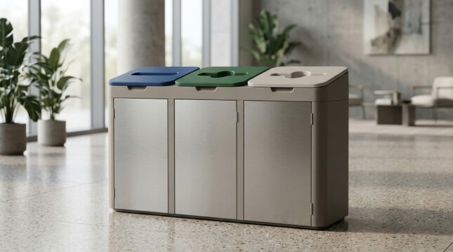 Three section recycling bin with different color lids in modern lobby.