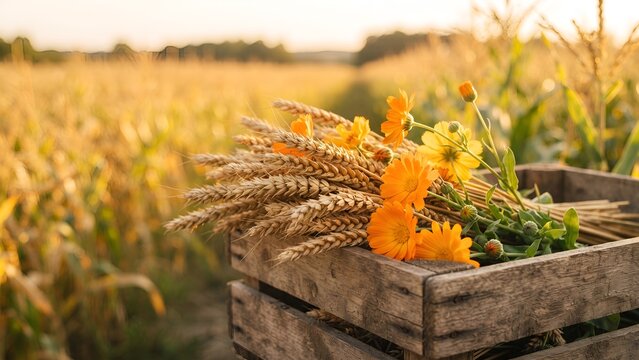 A rustic wooden crate filled with wheat ears and bright orange marigold flowers in a sunlit corn field at harvest time.