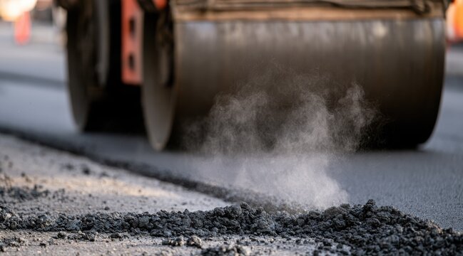 Close up of freshly laid hot asphalt with steam and road roller