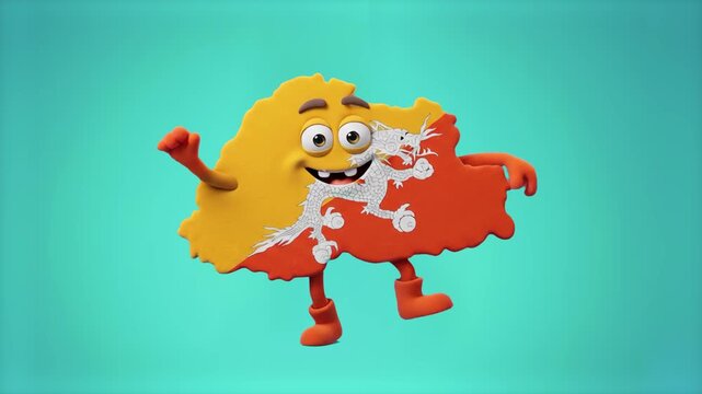 A playful 3D cartoon mascot character shaped like the geographical map of Bhutan, wearing its national flag pattern featuring the white dragon, dancing joyfully on a smooth cyan teal backdrop. Ideal f