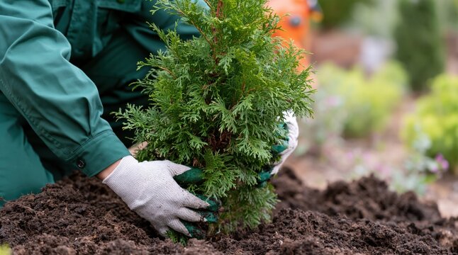 Professional gardener planting young arborvitae tree in garden soil