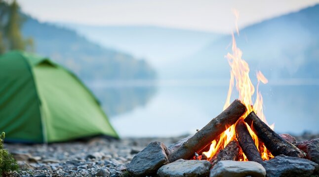 Campfire burning on lake shore with green tent and mountains in background