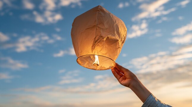 Hand holding glowing sky lantern against blue sky