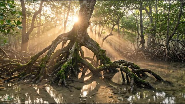 Ancient Mangrove Root Forest at Golden Sunrise with Dramatic Light Rays and Clear Tidal Water
