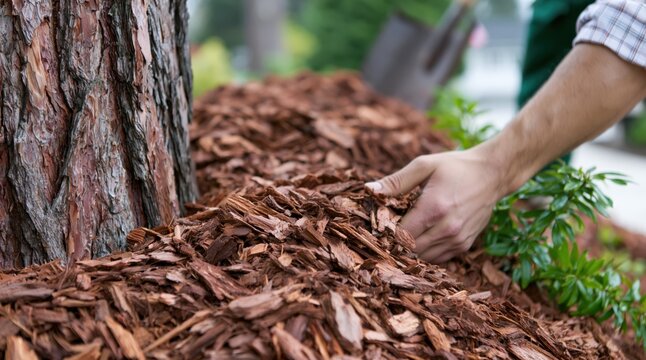 Gardener hand spreading wood mulch around tree base