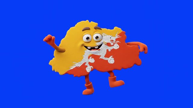 A playful 3D Bhutan country map character with the national dragon flag dancing isolated on a solid blue chroma key backdrop. Suitable for Asian geography lessons, travel advertising, cultural documen