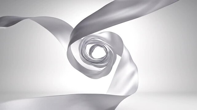 Abstract white silk ribbon flowing in a dynamic spiral motion with soft lighting on a clean gradient background