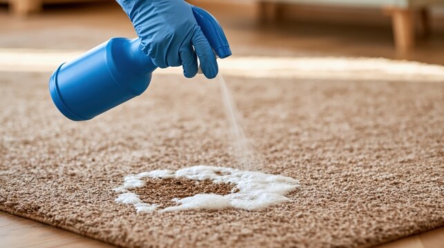 Hand in blue glove spraying cleaning foam on carpet stain