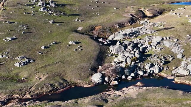 Aerial View of Granite Boulders and Creek in Rural Australian Outback