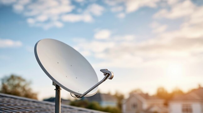 White satellite dish on roof against sky and neighborhood background