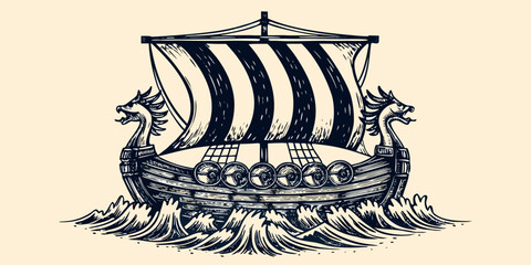 Viking longship illustration in woodcut style with ornate dragon figureheads © Rathindranath