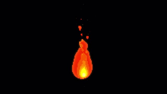 Fire flame animation in 8-bit style isolated on black background for motion graphics design