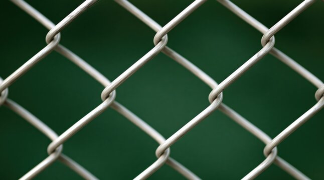 Close up of metal chain link fence with blurred green background