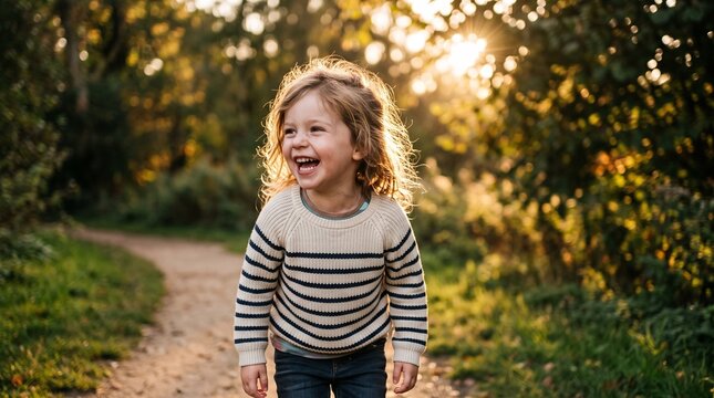 Joyful young child with long blonde hair laughing outdoors on a sunny path surrounded by trees