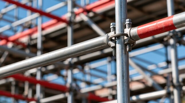 Close up of scaffolding metal joint and poles