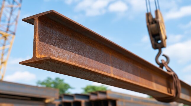 Steel I-beam with rust lifted by crane hook on construction site
