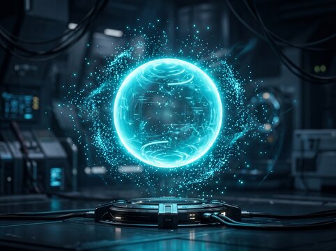 Glowing blue energy sphere floating above a metallic base in a dark futuristic laboratory setting