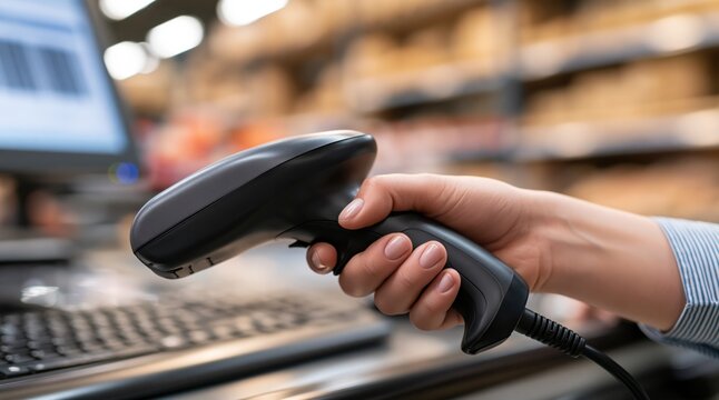 Hand holding black barcode scanner in retail store or warehouse
