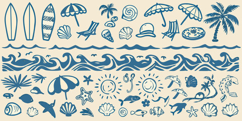 Coastal Scene Vector Illustration With Surfboards Waves And Marine Life © Rathindranath