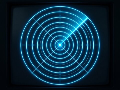 Bright blue glowing radar screen display showing circular grid lines and a sweeping scanner beam