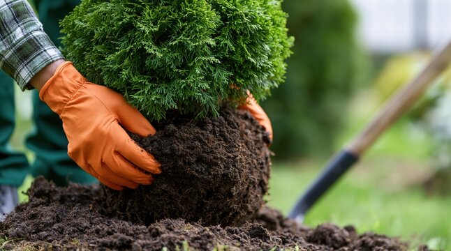 Gardener hands in orange gloves planting green evergreen shrub into ground