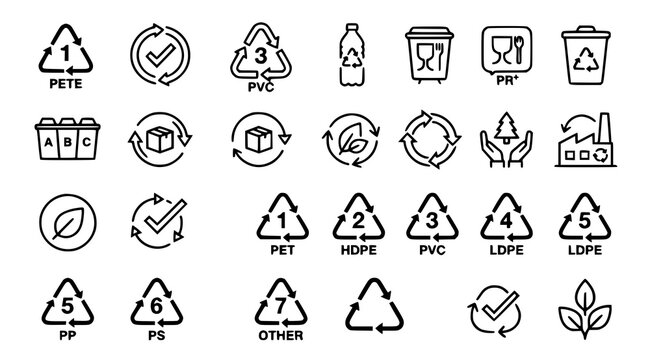 Plastic recycling symbols and packaging code icon set with resin identification editable black thin line vector collection