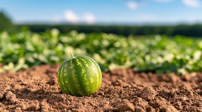 Small round watermelon on tilled soil in agricultural field under blue sky