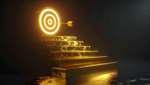 Illuminated gold target above elegant stairs with an arrow striking the bullseye, a premium 3D concept for achievement, vision, determination, and corporate success.