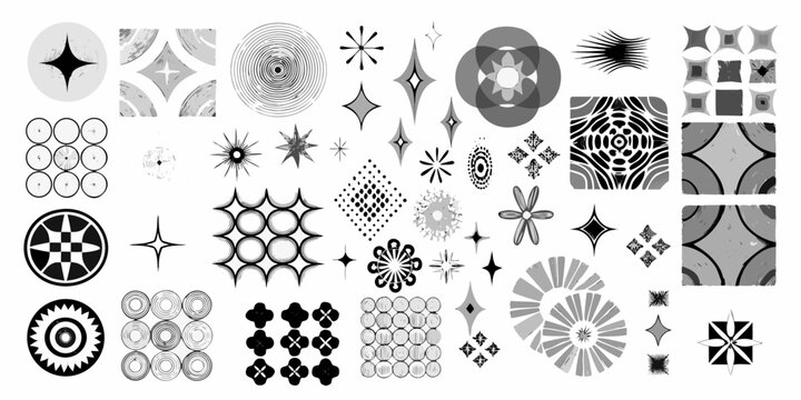 Geometric floral ornament collection grayscale vector illustration on white background