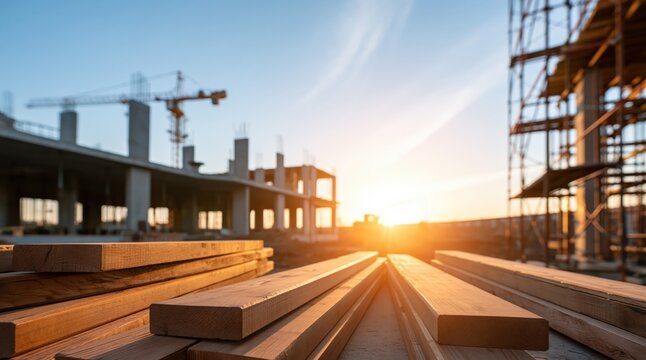 Stack of wooden planks at construction site with building skeleton and crane at sunset