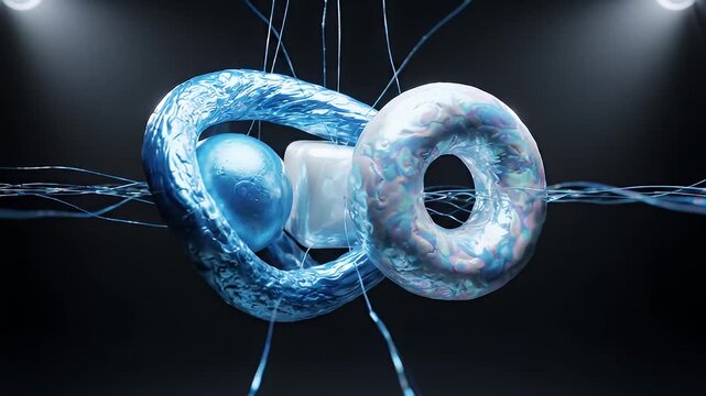 Two abstract toroidal shapes in blue and iridescent white suspended by threads