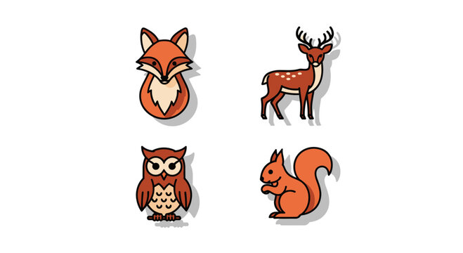 Cute autumn fall forest animal icon set featuring fox deer and owl