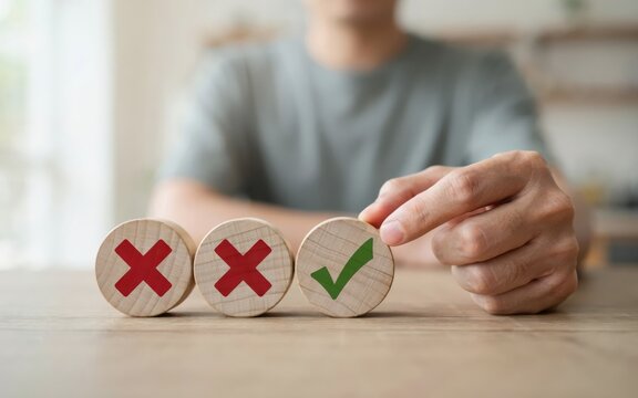 Person's hand selecting a green checkmark on a wooden circle with soft indoor lighting