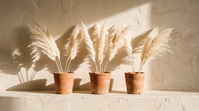 Three terracotta pots with dried pampas grass plumes casting shadows on a textured wall