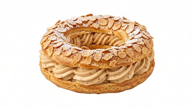 45 degree view of French Paris-Brest pastry isolated on pure white background, no shadow.