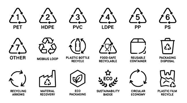 Plastic package recycling code icon collection with resin symbols editable black thin line vector illustration