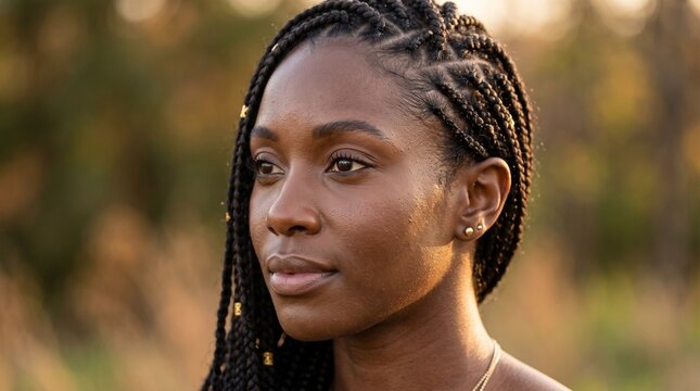 Portrait of a young Black woman with braided hair and gold beads looking thoughtfully into the distance