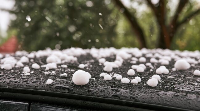 Close up of white hail stones on black car roof after hailstorm