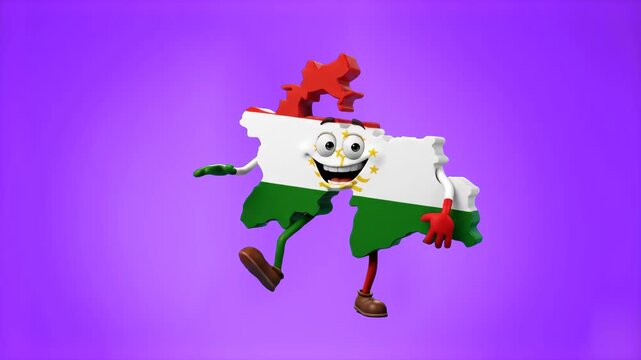 A detailed 3D model of the Tajikistan map shape as a happy animated character featuring the red, white, and green Tajik flag pattern with the crown emblem dancing, set against a solid purple studio ba
