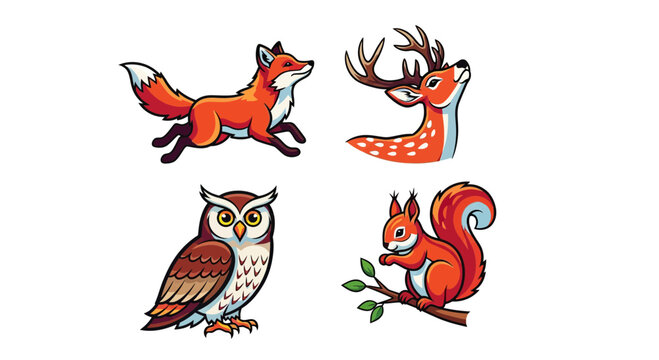 Fall woodland animal icon set with fox deer owl and squirrel