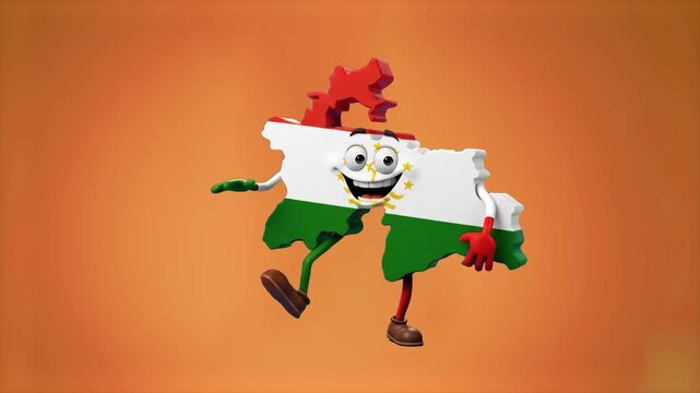A detailed 3D model of the Tajikistan map shape as a happy animated character featuring the red, white, and green Tajik flag pattern with the crown emblem dancing, isolated against a solid orange stud