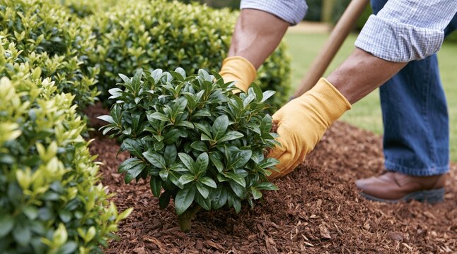 Person in yellow gloves planting green bush in garden bed with mulch