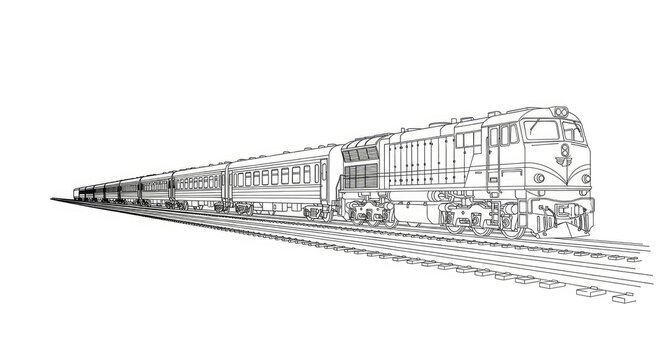 A black and white line drawing depicts a long passenger train traveling along a straight railway track. The locomotive at the front is detailed, and several passenger cars follow behind.