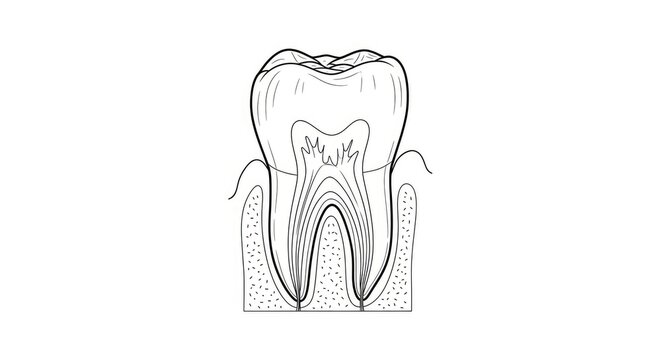 A detailed, black and white line drawing illustrates a single tooth. The tooth shows a visible crown, root structure, and periodontal ligament.