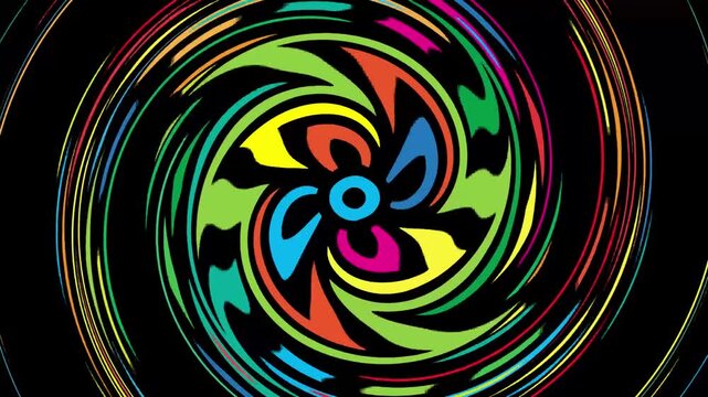 Video abstract background with rotating ethnic patterns like a windmill, smooth motion, artistic symmetry, vibrant design, perfect for creative event visuals.