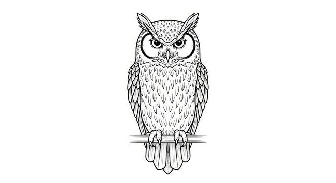 A detailed black and white illustration of an owl perched on a branch. The owl has intense, focused eyes and feathered wings.