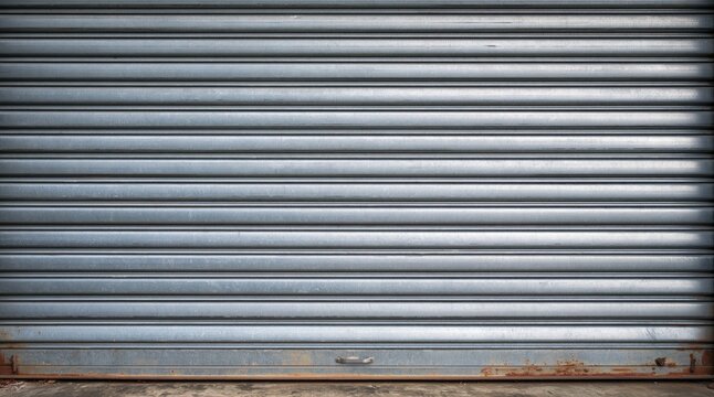 Closed metal rolling shutter door with weathered surface